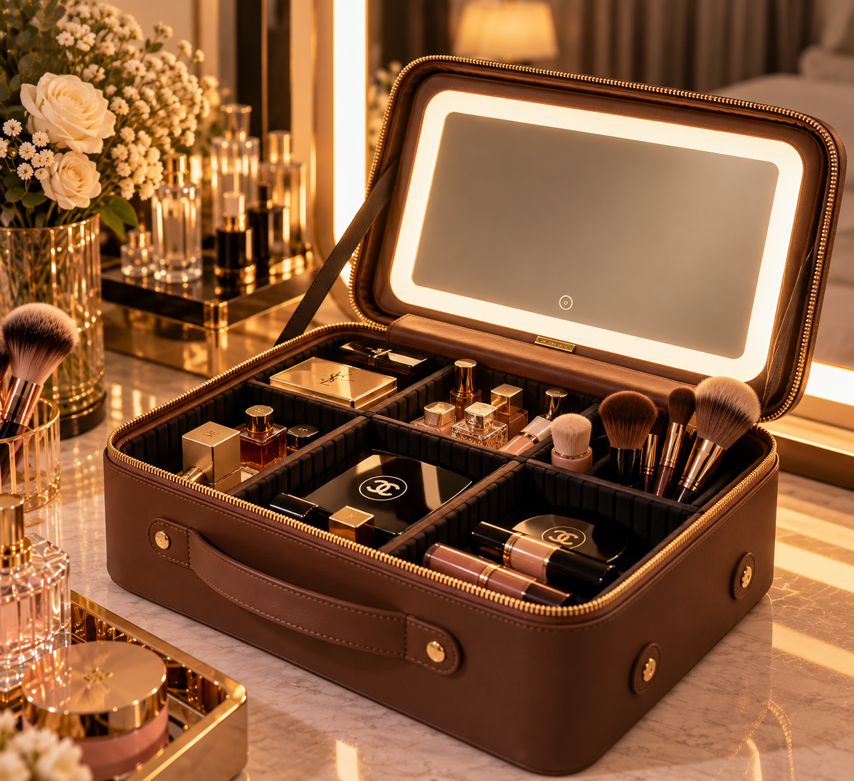 Bellisima — Chocolato, mallette brune ouverte avec miroir LED et compartiments